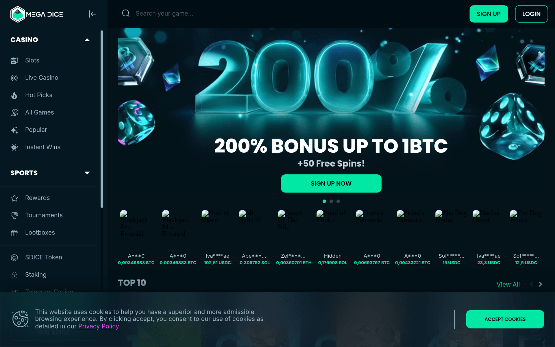 Mega Dice homepage screenshot