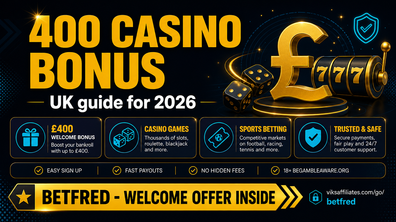 400% casino bonus UK guide hero image showing stacked chips and a percentage symbol