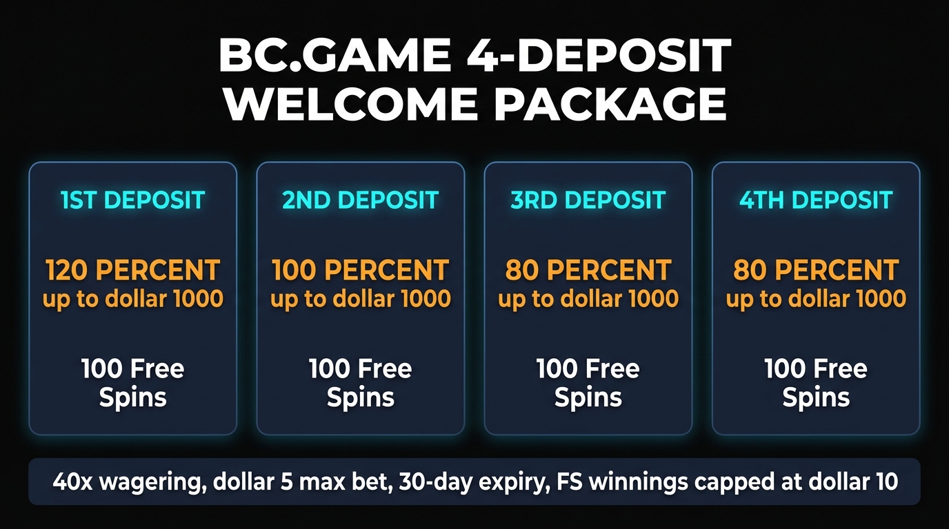 BC.Game welcome bonus breakdown — 4-deposit structure with 120 percent first deposit up to 1000 dollars, 100 percent second deposit, 80 percent third and fourth deposits, 400 free spins total, 40x wagering requirement, 30-day expiry