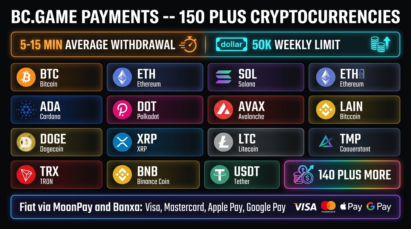 BC.Game payment methods and withdrawal speeds — 150 plus cryptocurrencies supported, BTC ETH USDT SOL XRP DOGE with 5-15 minute withdrawals, 0.1 percent fee dropping to 0 percent at VIP 38 plus, 50000 dollar weekly and 100000 dollar monthly limits