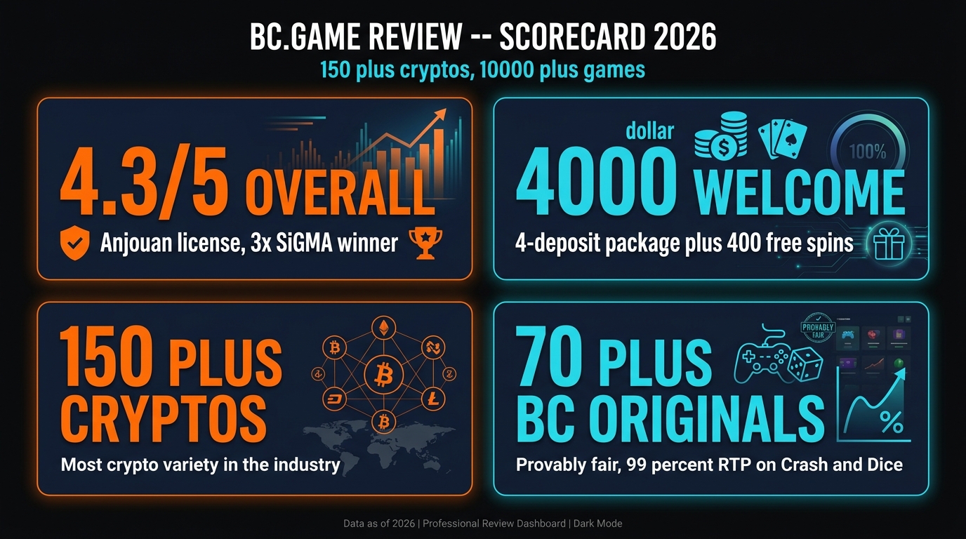 BC.Game Review 2026 scorecard — 4.3 out of 5 rating, 4-deposit welcome up to 4000 dollars plus 400 free spins, 10000 plus games from 80 plus providers, 150 plus cryptocurrencies, 70 plus provably fair BC Originals