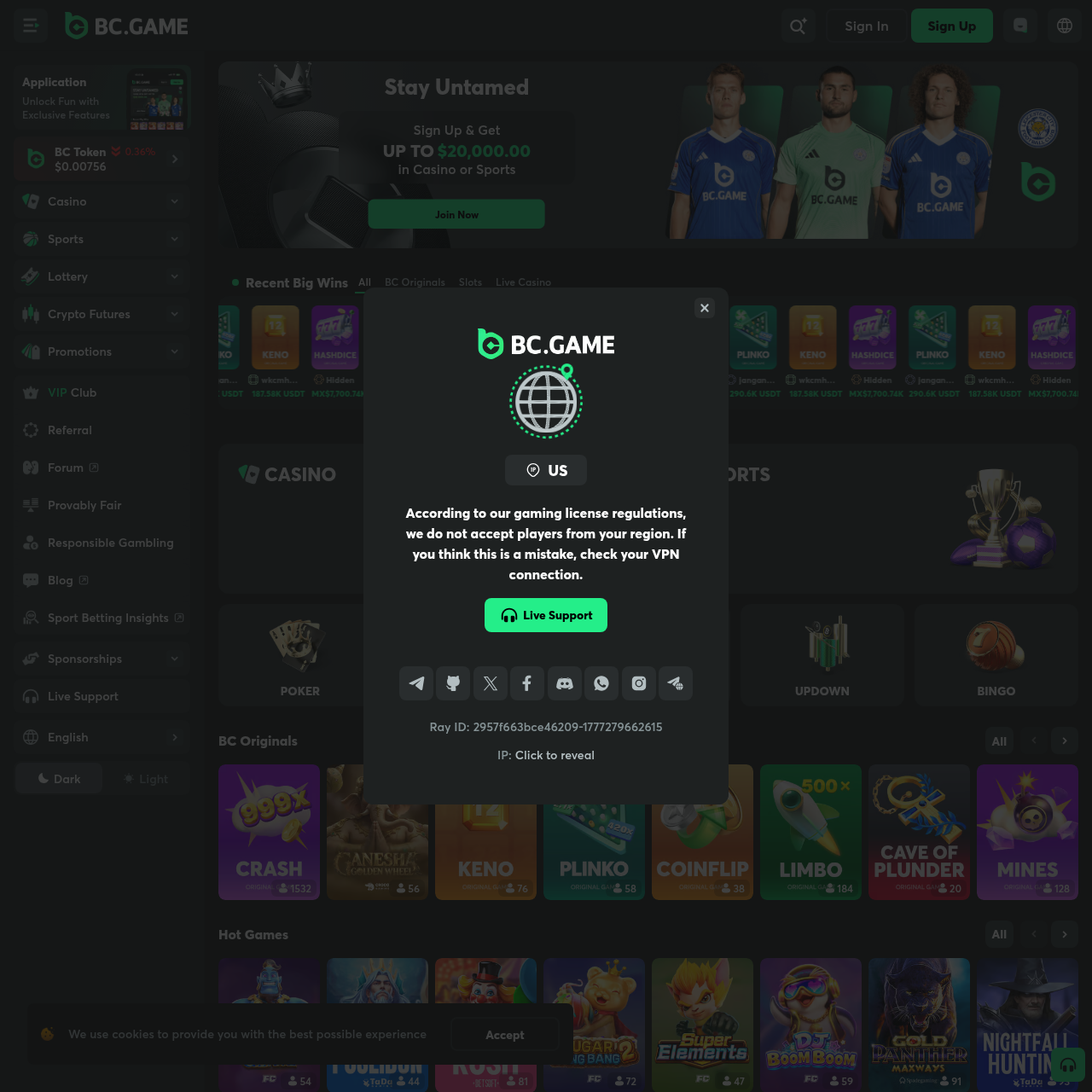 BC.Game homepage showing the main casino lobby with featured games, live jackpot tickers, promotional banners, and the navigation menu for Casino, Sports, BC Originals, and VIP sections