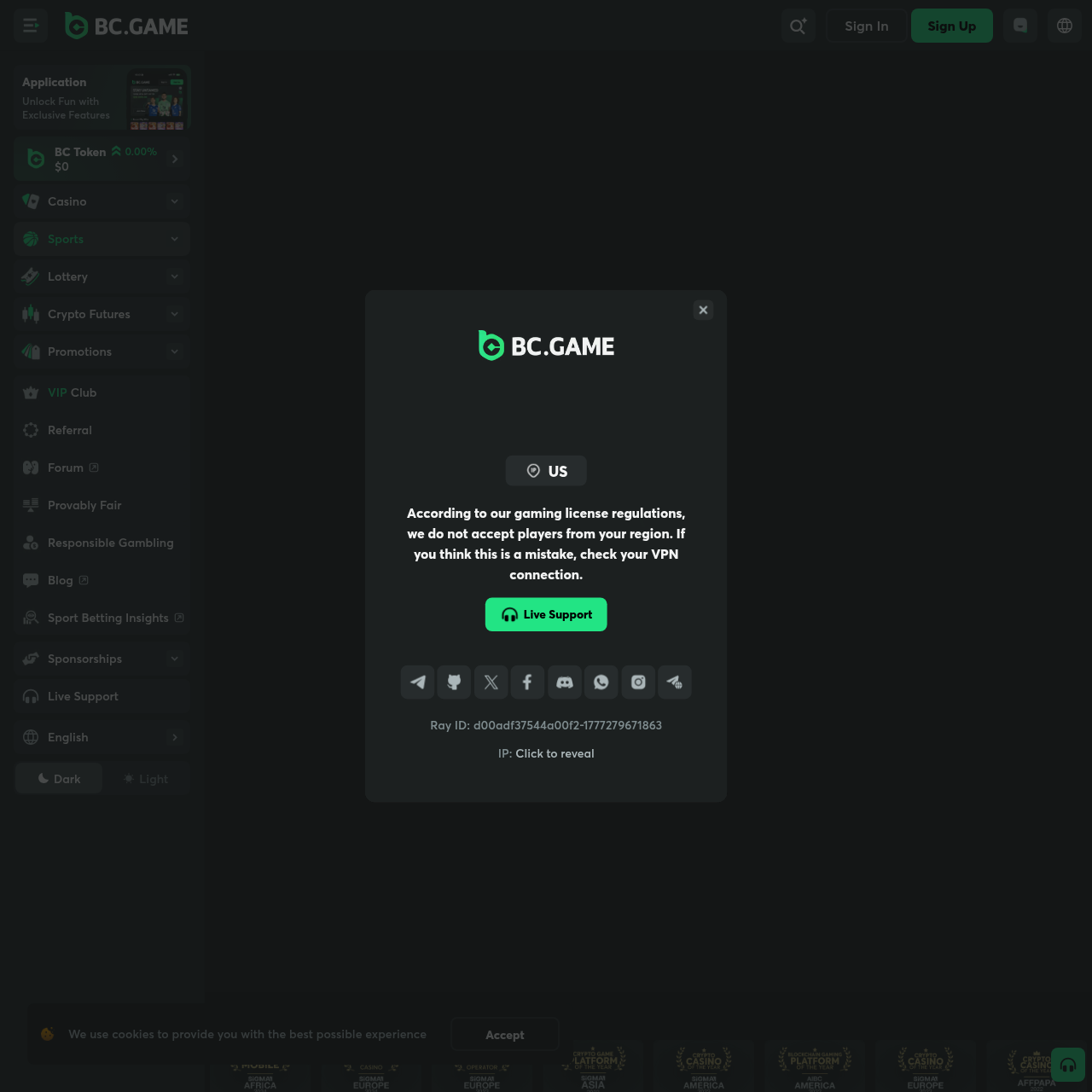 BC.Game sportsbook interface showing live betting markets across football, basketball, tennis, and esports with real-time odds, bet builder, and cash-out options