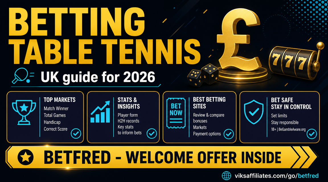 Table tennis paddle, ball and betting slip on a dark background — UK table tennis betting guide 2026