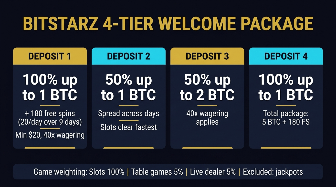 BitStarz 4-tier welcome package — 100% + 50% + 50% + 100% matches across 4 deposits totaling 5 BTC plus 180 free spins