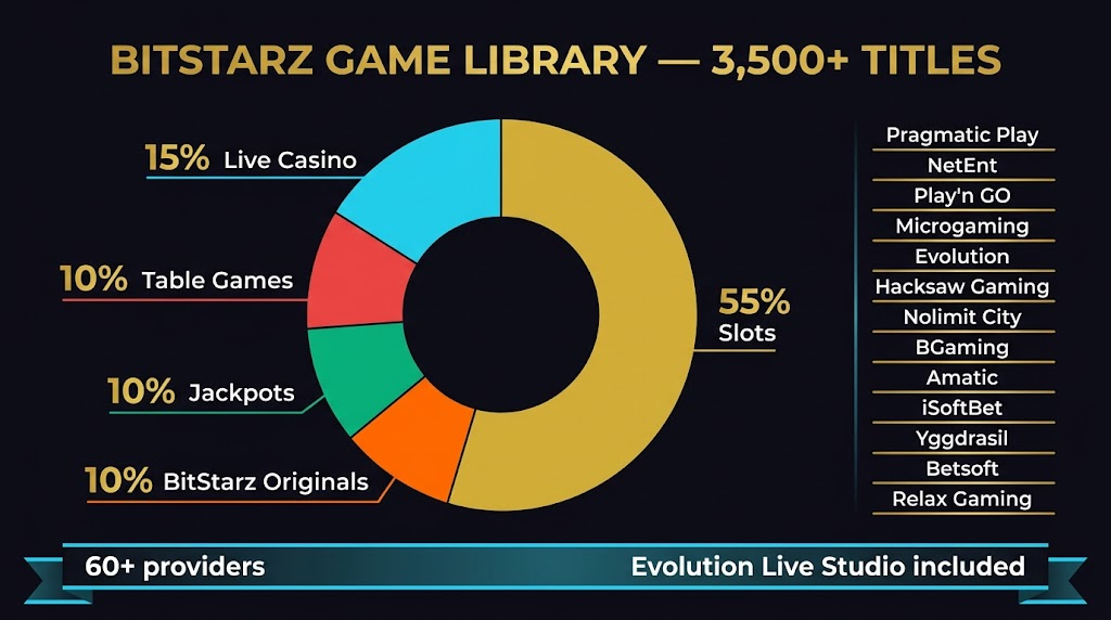 BitStarz game library breakdown — 55% slots, 15% live casino, 10% table games, 10% jackpots, 10% BitStarz Originals from 60+ providers