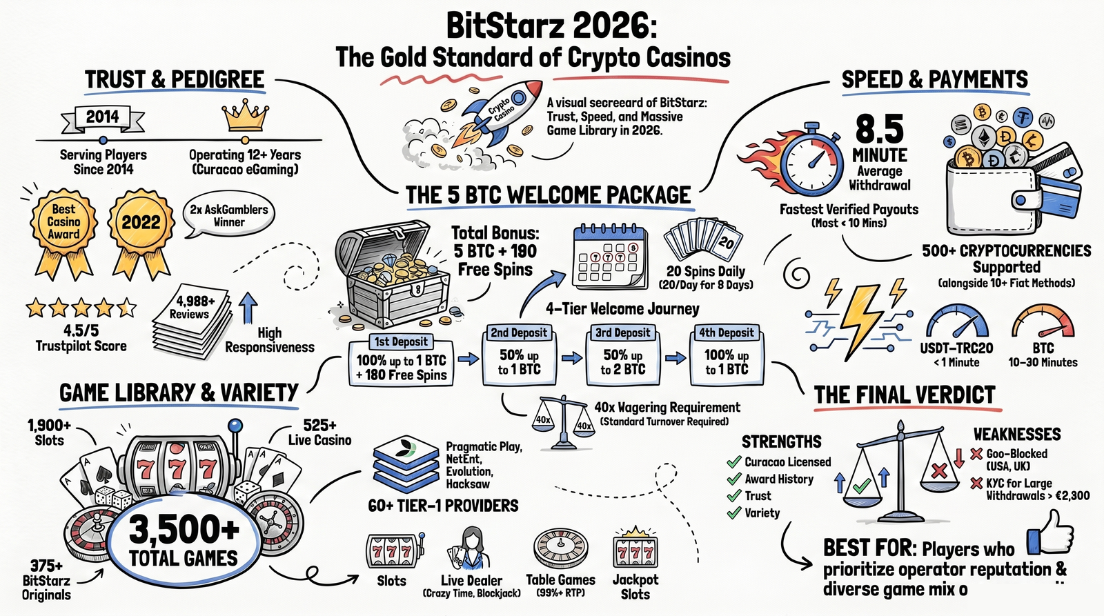 BitStarz at a glance sketch-note infographic — 4-tier welcome to 5 BTC + 180 free spins, 3500+ games, AskGamblers 2x winner, 8.5 min withdrawal, 500+ cryptos