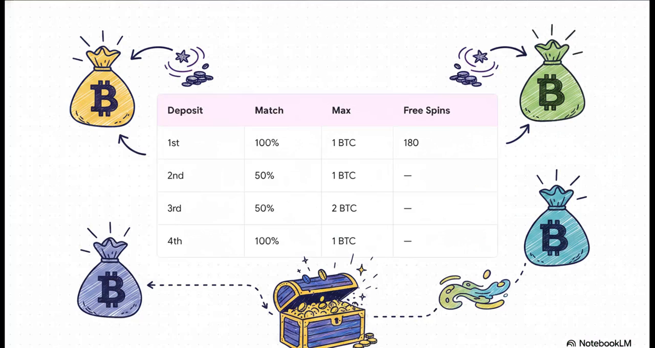 BitStarz 4-deposit match table — 100 percent to 1 BTC plus 180 FS, 50 percent to 1 BTC, 50 percent to 2 BTC, 100 percent to 1 BTC