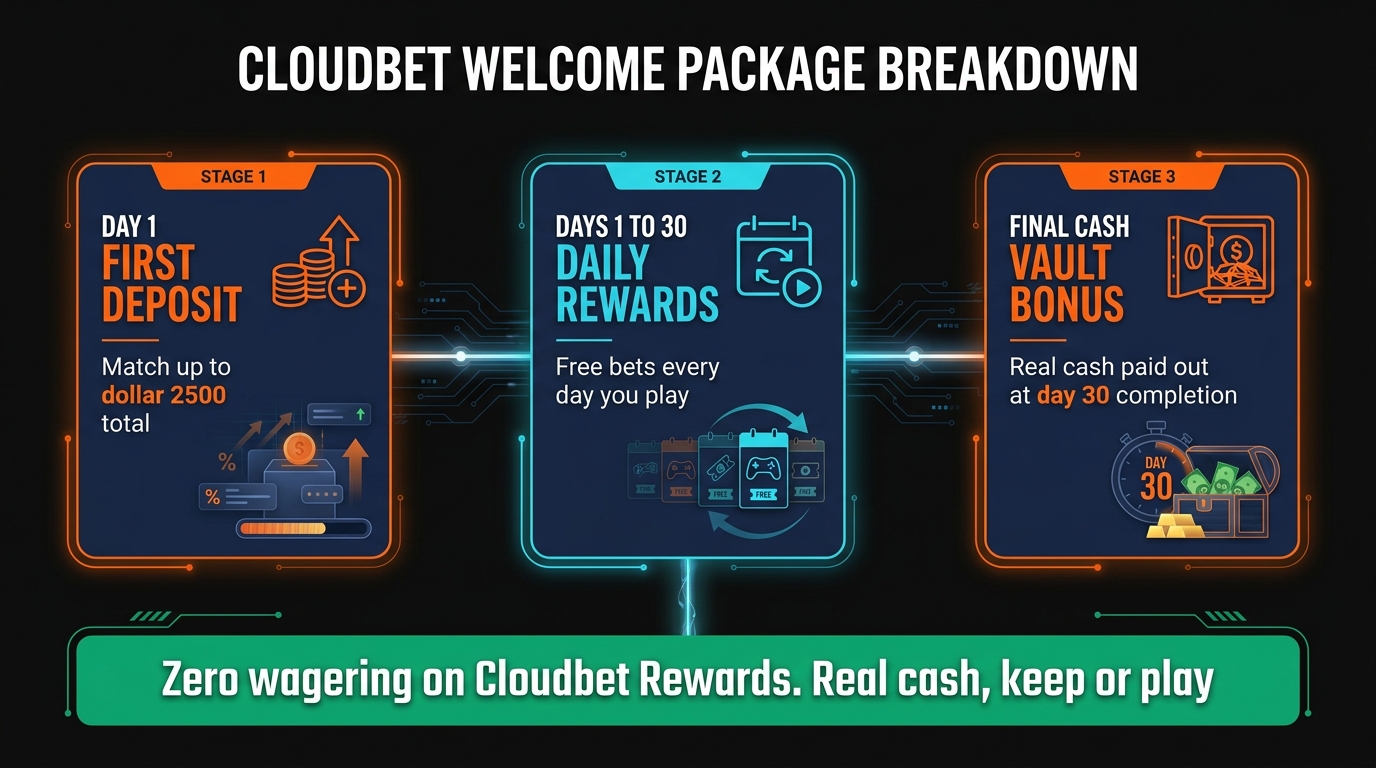 Cloudbet welcome package breakdown — Day 1 first deposit match, Days 1-30 daily rewards, Day 30 final Cash Vault bonus