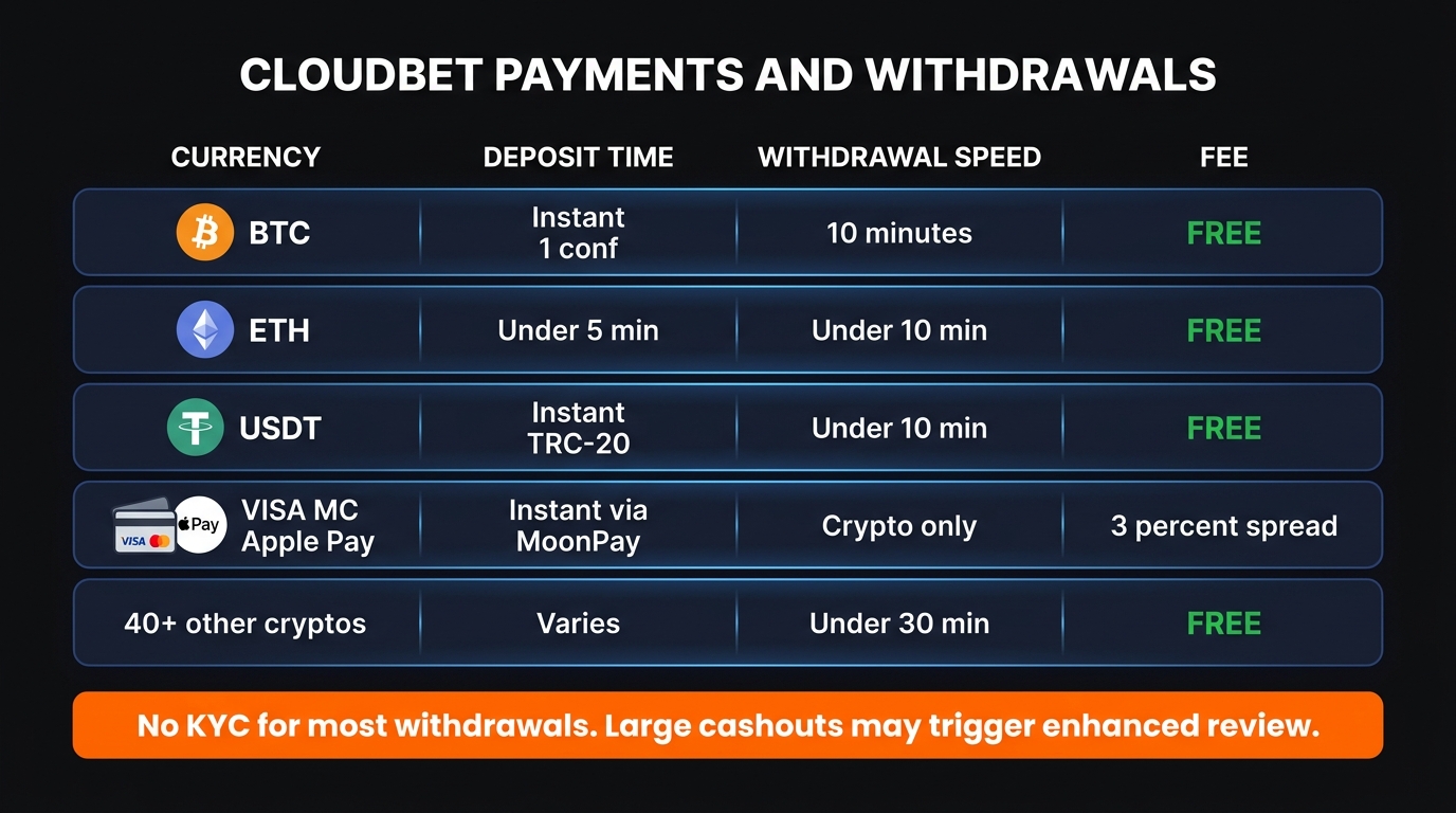 Cloudbet payments table — BTC ETH USDT VISA Mastercard Apple Pay Google Pay fee-free withdrawals