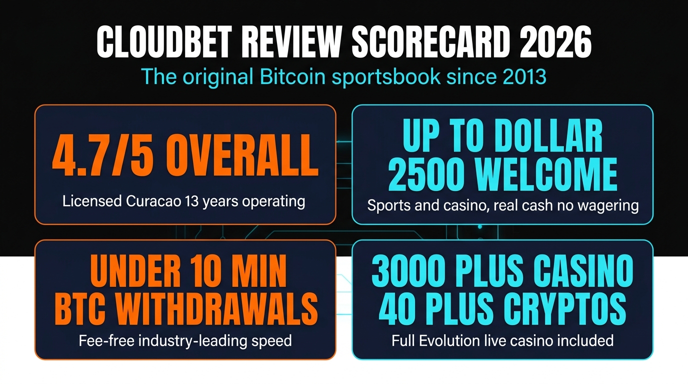 Cloudbet Review 2026 scorecard — 4.7 out of 5 rating, dollar 2500 welcome package, under 10 min BTC withdrawals, 3000 plus games