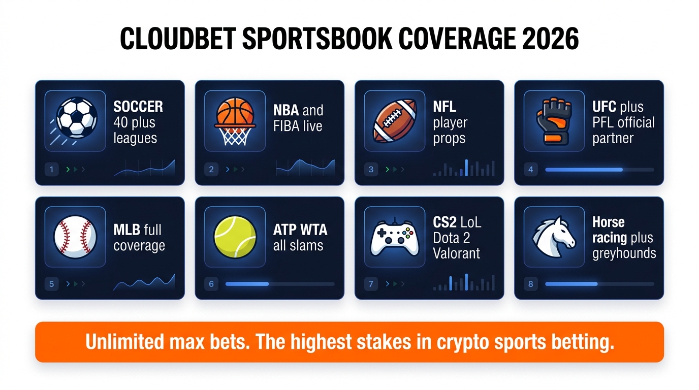 Cloudbet sportsbook coverage — soccer, NBA, NFL, UFC, PFL, esports, horse racing, tennis in 2x4 grid