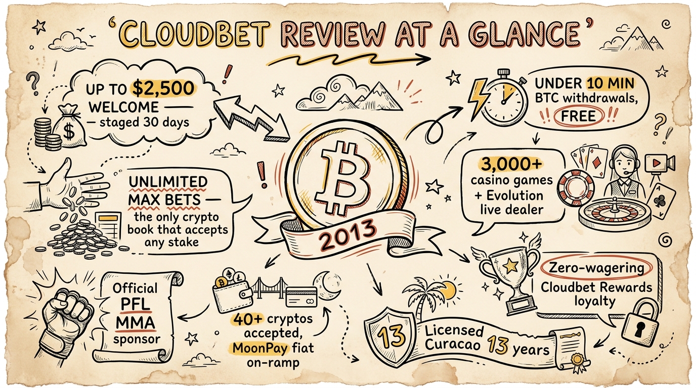 Cloudbet at a glance sketch-note infographic — 2500 dollar welcome, unlimited max bets, under 10 min BTC withdrawals, 3000 plus games, PFL MMA sponsor, Curacao licensed 13 years