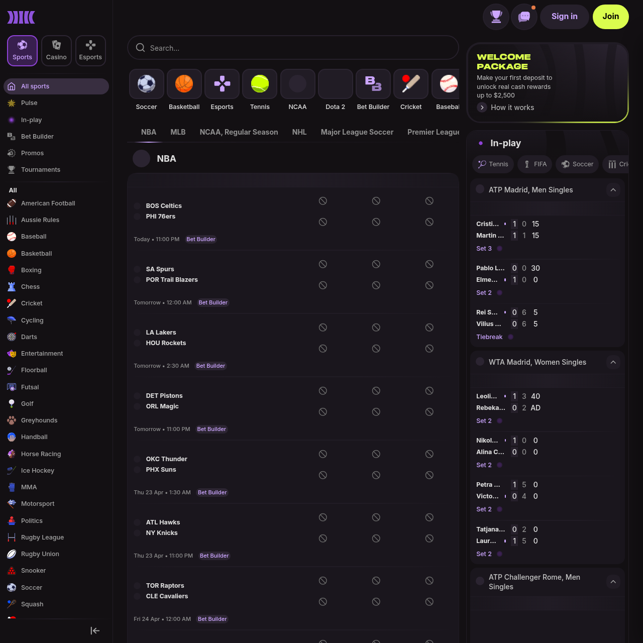 Cloudbet sportsbook — major sports leagues with live odds