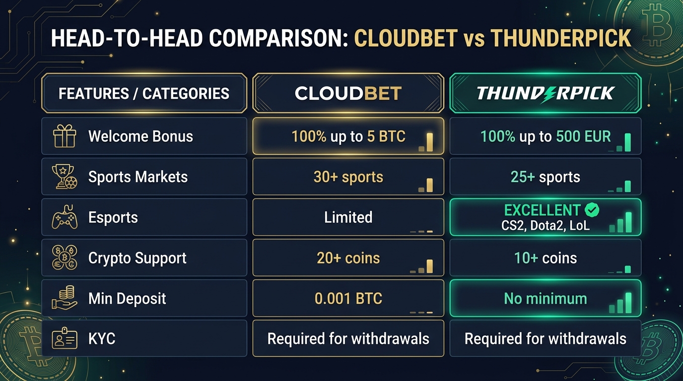 Head-to-head comparison table showing Cloudbet vs Thunderpick across six key categories including bonuses, sports, esports, and crypto support
