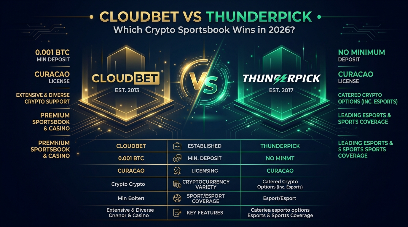 Cloudbet vs Thunderpick 2026 comparison infographic showing key differences between both crypto sportsbooks