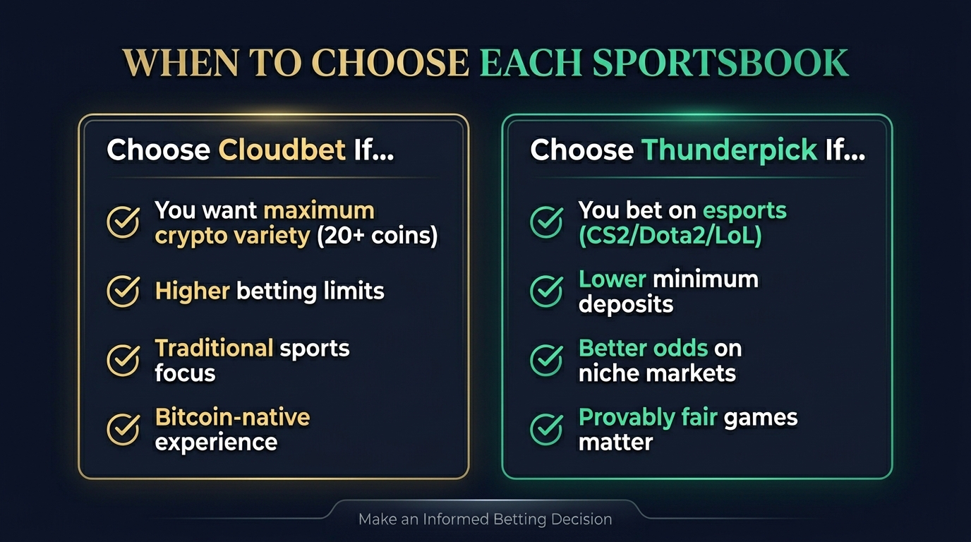When to choose Cloudbet vs Thunderpick infographic showing ideal use cases for each sportsbook