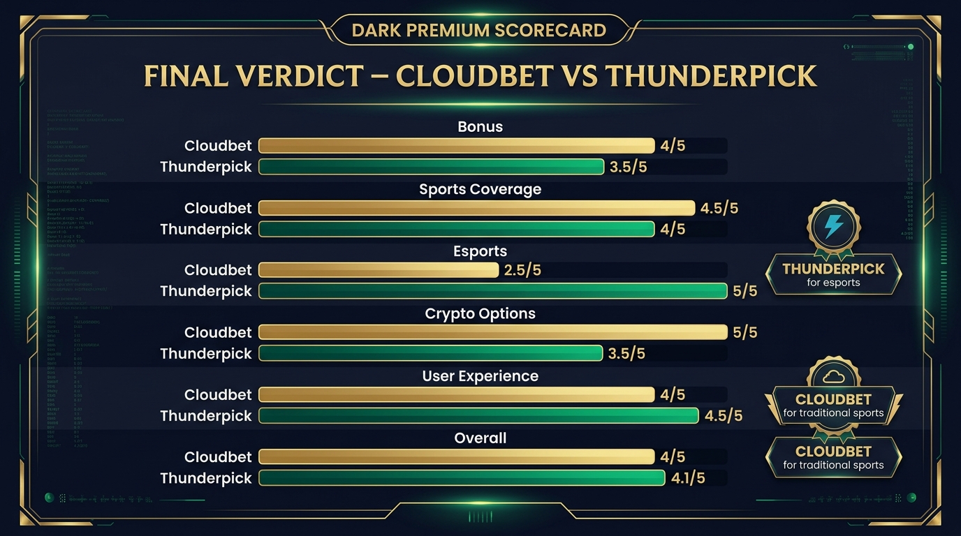 Final verdict scorecard comparing Cloudbet 4.0 vs Thunderpick 4.1 across bonus, sports, esports, crypto, and UX categories