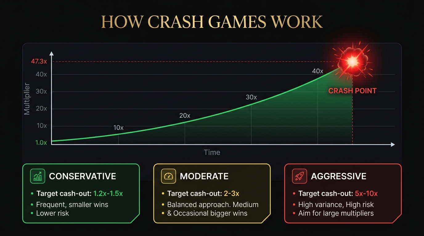How crash gambling multipliers work — multiplier chart showing cashout points and crash outcomes
