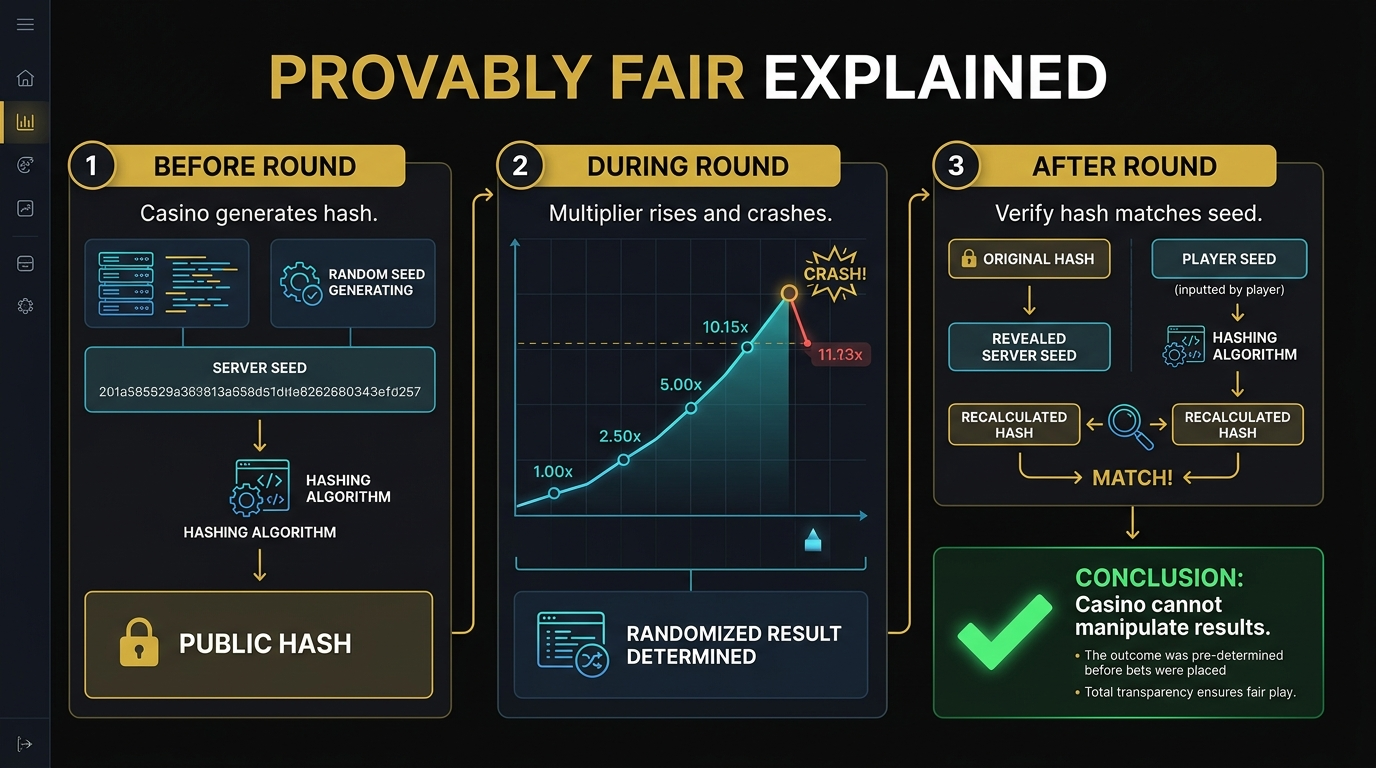 How provably fair crash gambling works — cryptographic hash verification flow diagram