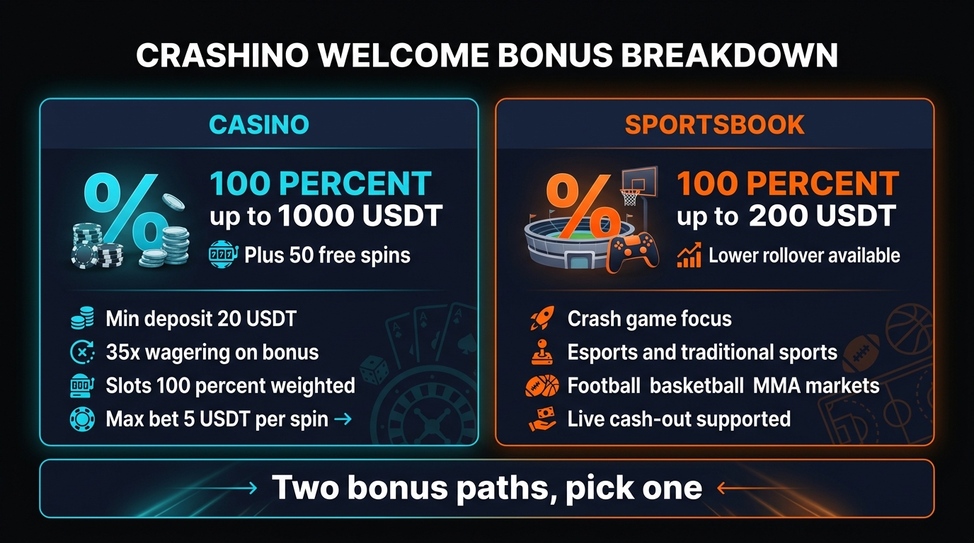 Crashino welcome bonus — 100 percent up to 1000 USDT plus 50 free spins, 35x wagering, slots 100 percent weighted, max bonus bet 5 USDT