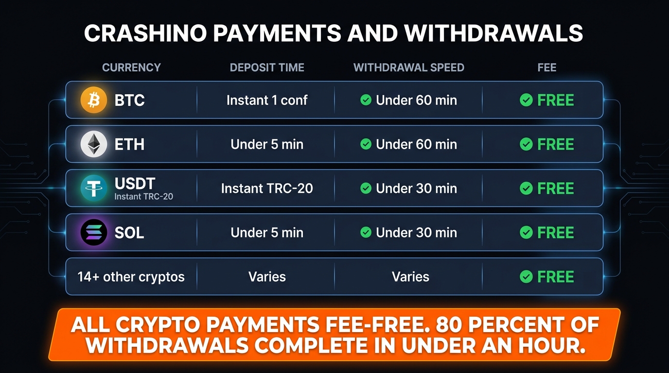 Crashino payment methods — BTC ETH USDT SOL DOGE fee-free across 14 plus cryptos, 80 percent under an hour withdrawals