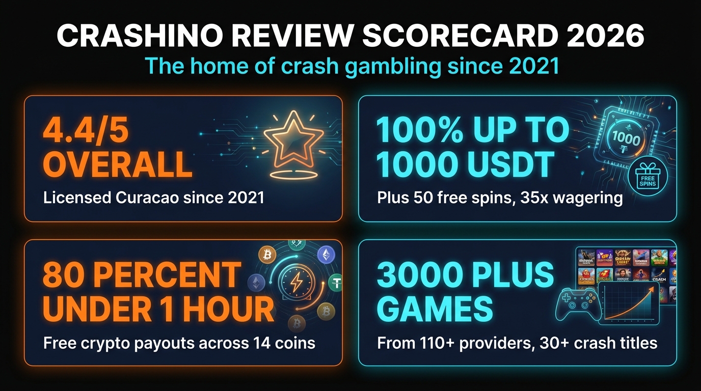 Crashino Review 2026 scorecard — 4.4 out of 5 rating, 1000 USDT welcome, 30+ crash games, 80 percent under 1 hour withdrawals
