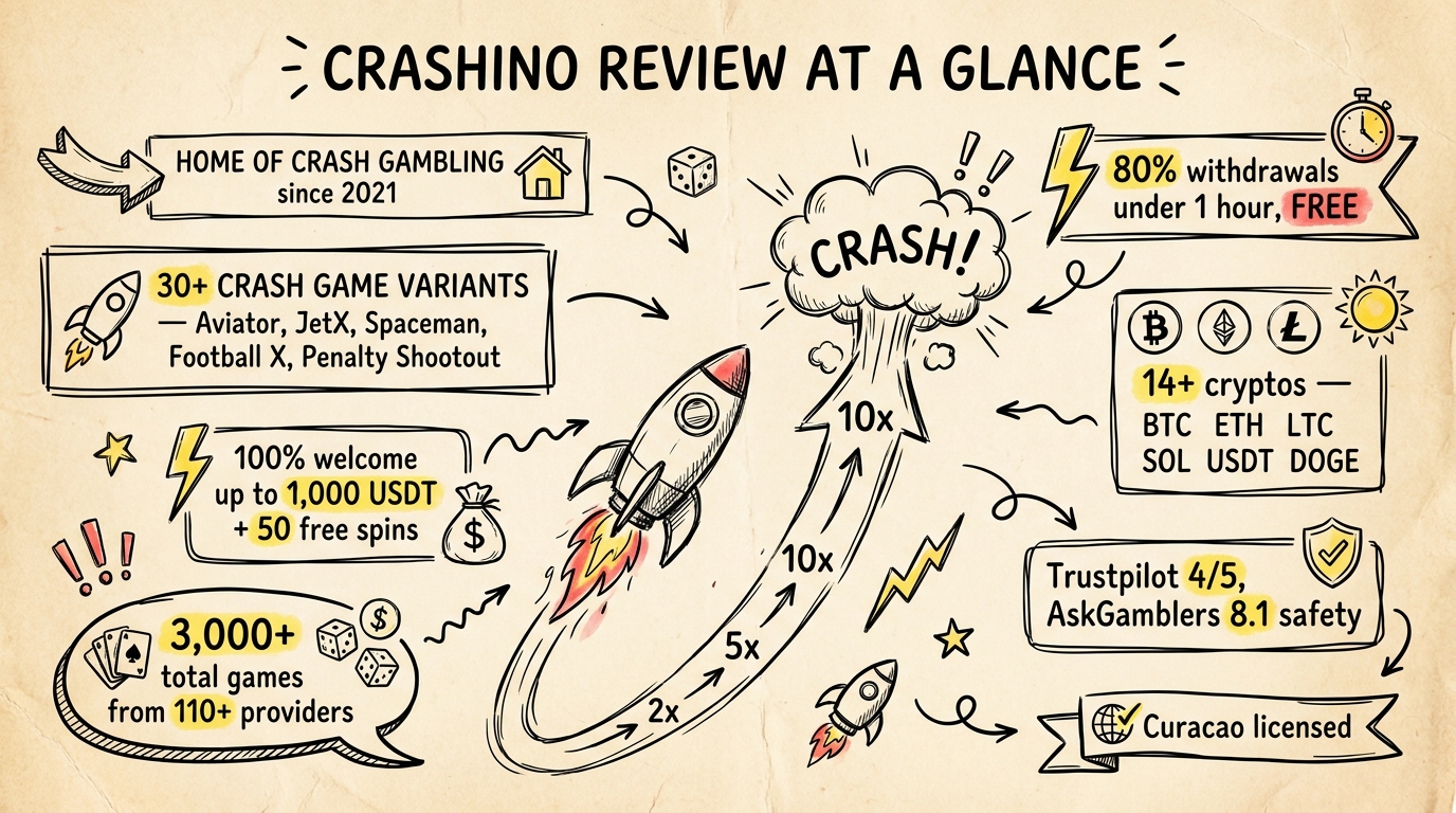 Crashino at a glance sketch-note infographic — 30 plus crash variants, 1000 USDT welcome, 3000 plus games, 80 percent withdrawals under 1 hour, Curacao licensed