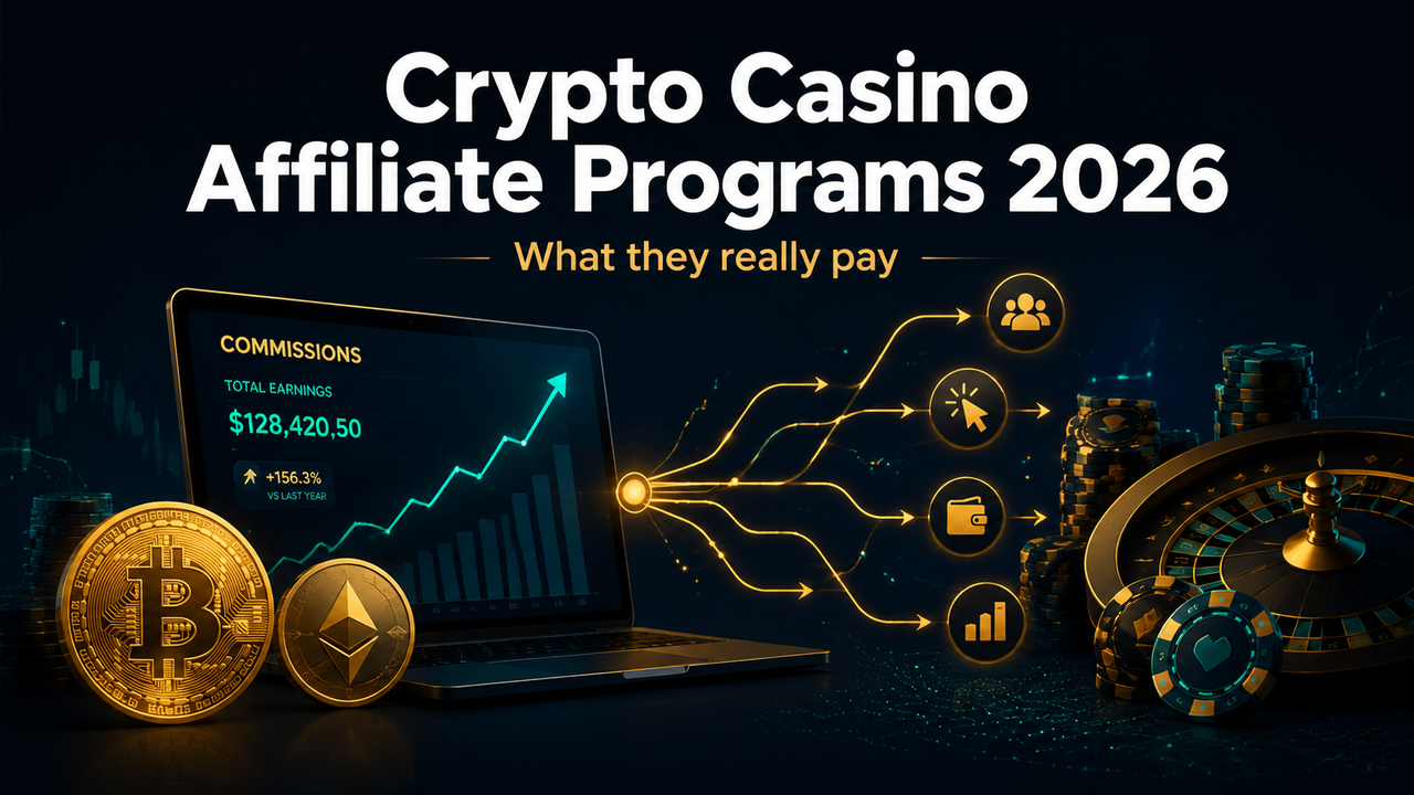 Crypto casino affiliate programs 2026 — a laptop commission dashboard feeding a network of referral links towards casino chips and a roulette wheel, with Bitcoin and Ethereum coins