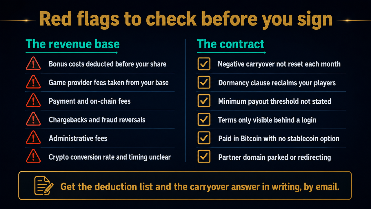 Checklist of red flags in crypto casino affiliate terms: bonus costs, provider fees, payment and on-chain fees, chargebacks and admin fees deducted from the revenue base; negative carryover, dormancy clauses, unstated minimum payouts, terms behind a login, Bitcoin-only payouts and parked partner domains in the contract