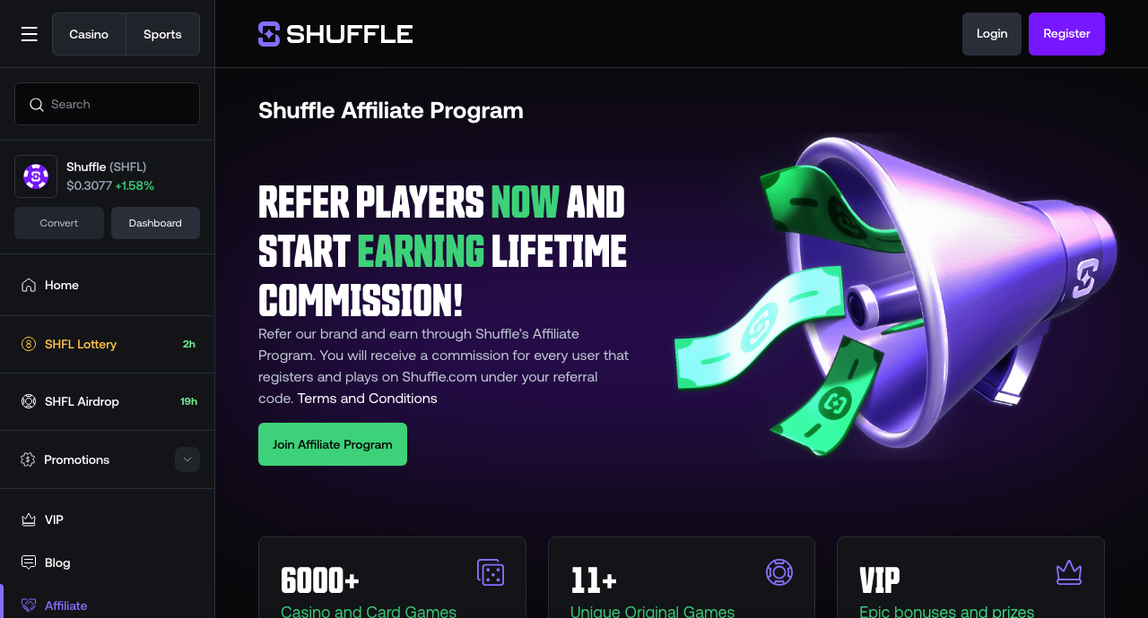 Screenshot of the Shuffle affiliate program page, 3 September 2026, offering lifetime commission on referred players