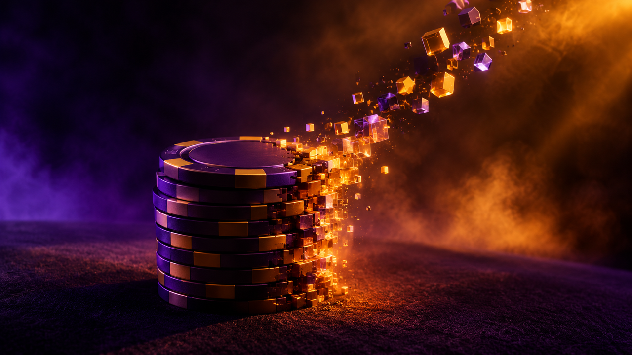A stack of plain violet and gold casino chips on dark felt, one edge dissolving into small glowing geometric blocks that drift upward in a chain