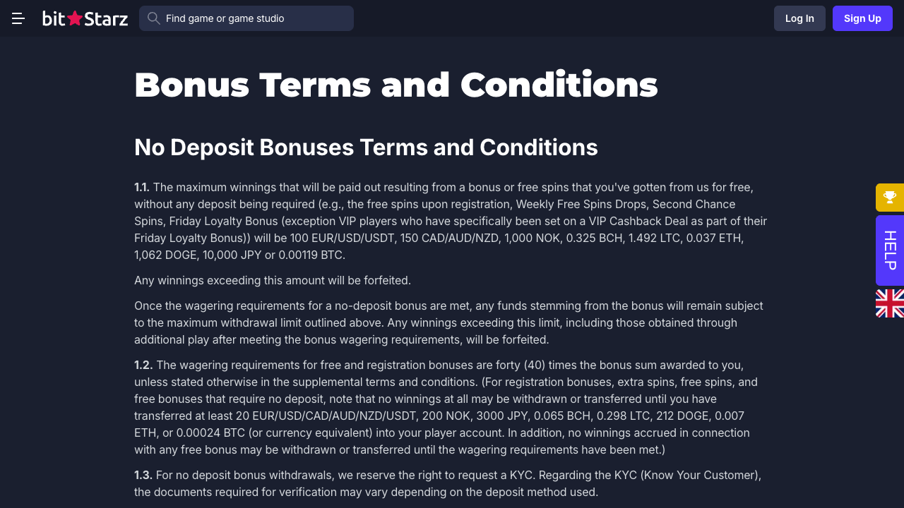 Screenshot of the BitStarz Bonus Terms and Conditions page, headed No Deposit Bonuses Terms and Conditions, listing clauses 1.1 to 1.5 on maximum payable winnings, forty times wagering requirements and disposable email addresses