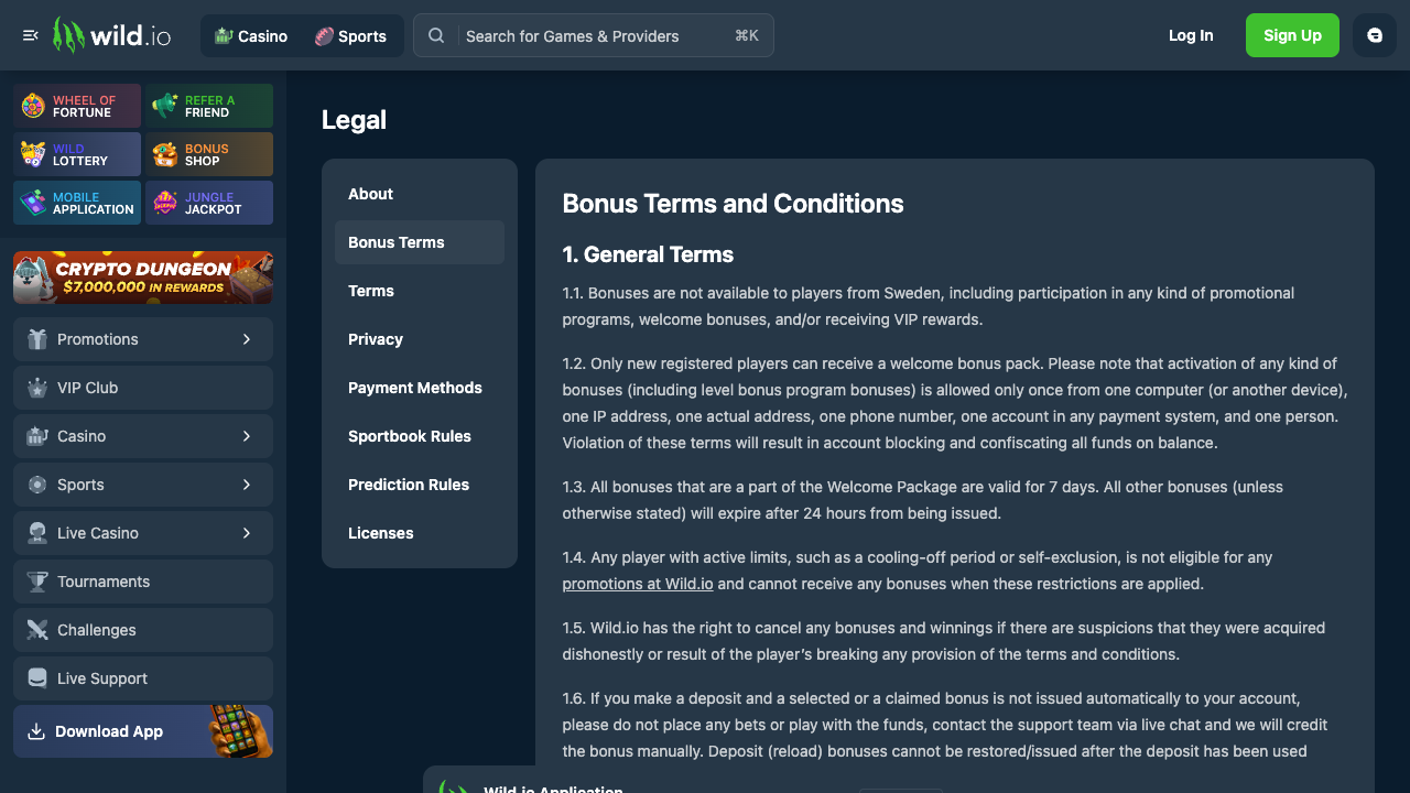 Screenshot of the Wild.io Bonus Terms and Conditions page showing General Terms 1.1 to 1.6, including clause 1.2 limiting bonuses to one device, one IP address, one actual address, one phone number, one payment system account and one person, with violation resulting in account blocking and confiscating all funds on balance
