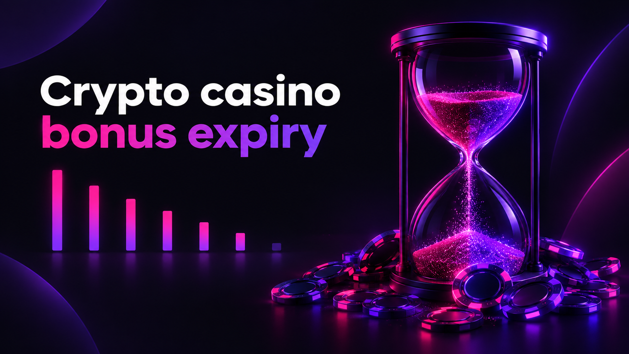 A large neon hourglass with glowing magenta sand running out onto a pile of casino chips, beside a row of six thin vertical bars of decreasing height on a near-black background
