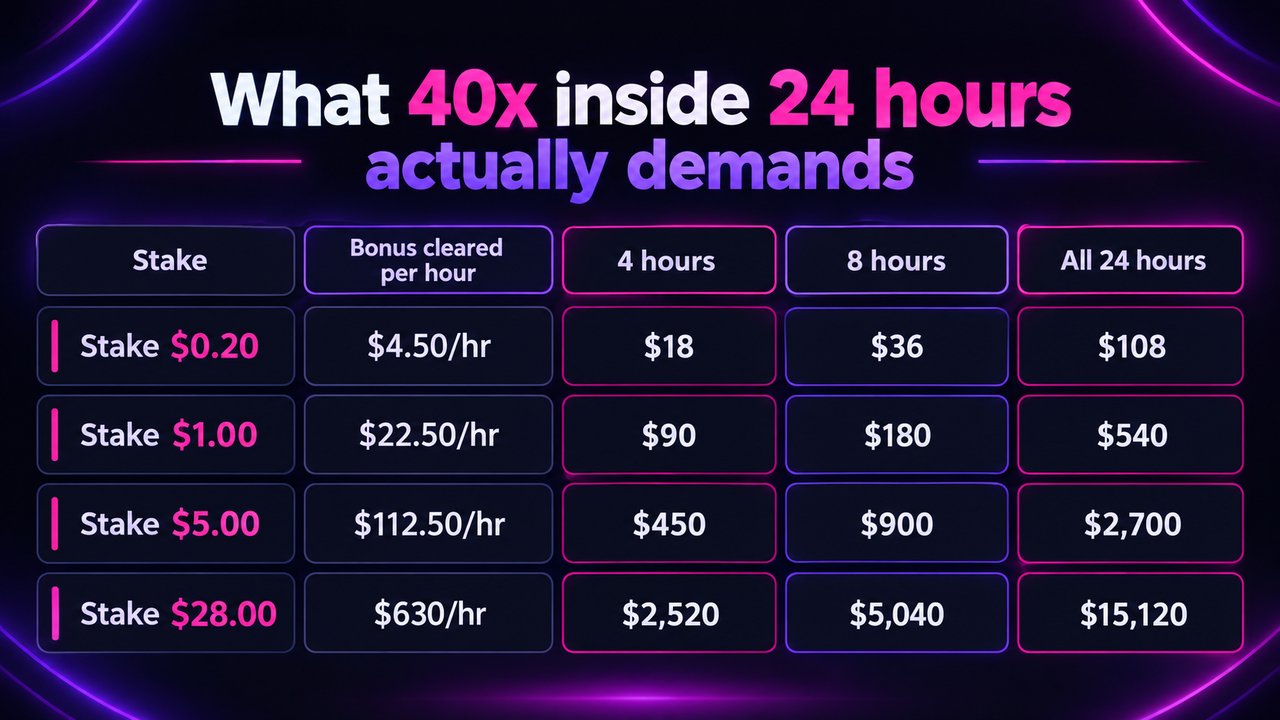 Table of how much bonus clears per hour at four stake levels: 0.20 dollars a spin clears 4.50 dollars an hour reaching 108 dollars over 24 hours, 1.00 dollar clears 22.50 an hour reaching 540, 5.00 dollars clears 112.50 an hour reaching 2,700, and 28.00 dollars clears 630 an hour reaching 15,120