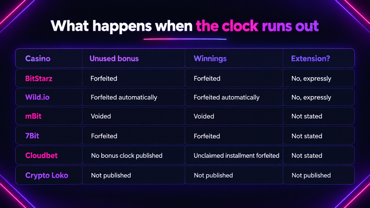 Table of what six crypto casinos do when the bonus clock runs out: BitStarz and Wild.io forfeit both the unused bonus and the winnings and expressly refuse extensions, mBit voids both, 7Bit forfeits both, Cloudbet publishes no bonus clock but forfeits an unclaimed installment, and Crypto Loko publishes nothing