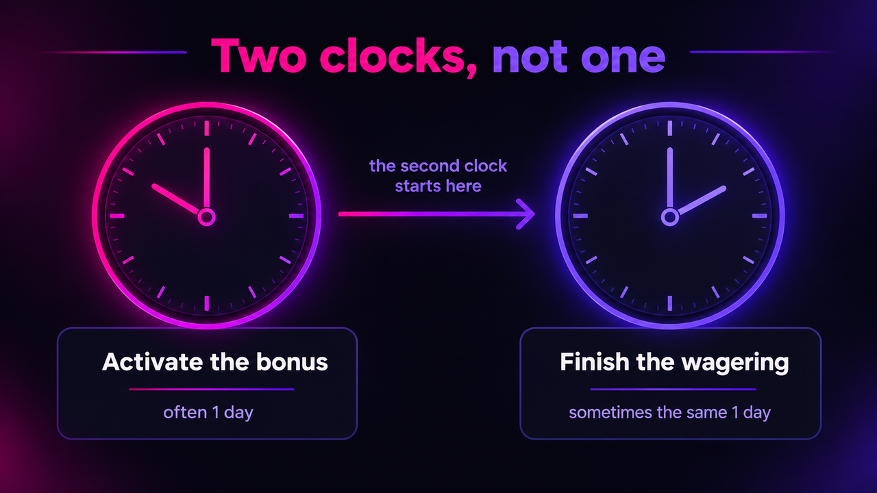 Two neon clock dials side by side, the left labelled activate the bonus with a caption reading often 1 day and the right labelled finish the wagering with a caption reading sometimes the same 1 day, an arrow between them reading the second clock starts here