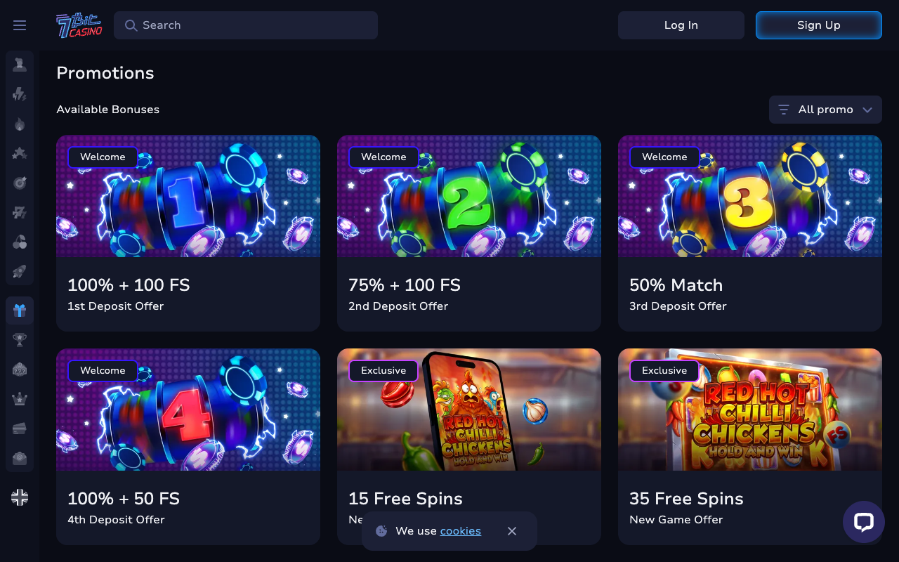 Screenshot of 7BitCasino's Promotions page showing the four welcome deposit offers, 100 percent plus 100 free spins, 75 percent plus 100 free spins, a 50 percent match and 100 percent plus 50 free spins, alongside two exclusive free-spin offers
