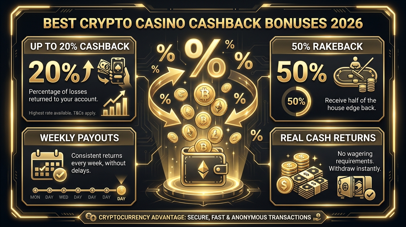 Best crypto casino cashback bonuses 2026 — top 6 ranked Roobet, Wild.io, Lucky Block, Duelbits, Stake, BC.Game with cashback rates and features