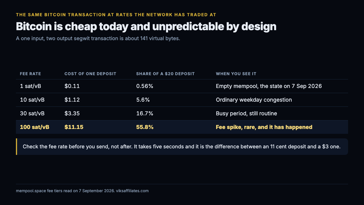 Table of the same Bitcoin deposit at four fee rates: 1 sat/vB costs $0.11 or 0.56 percent of a $20 deposit, 10 sat/vB costs $1.12 or 5.6 percent, 30 sat/vB costs $3.35 or 16.7 percent, and 100 sat/vB costs $11.15 or 55.8 percent