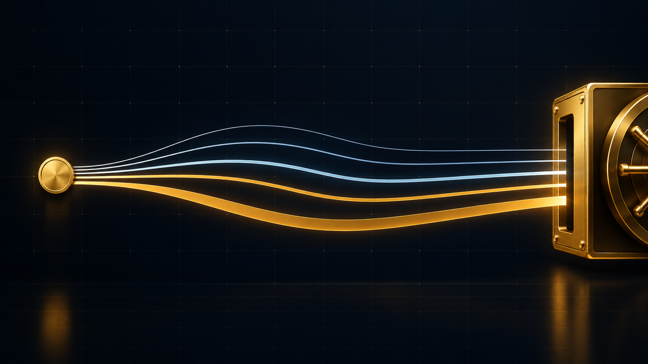 Five glowing routing lines of different thickness running from a single gold coin on the left to a gold vault on the right, the thin pale lines suggesting cheap networks and the heavy amber ones expensive networks