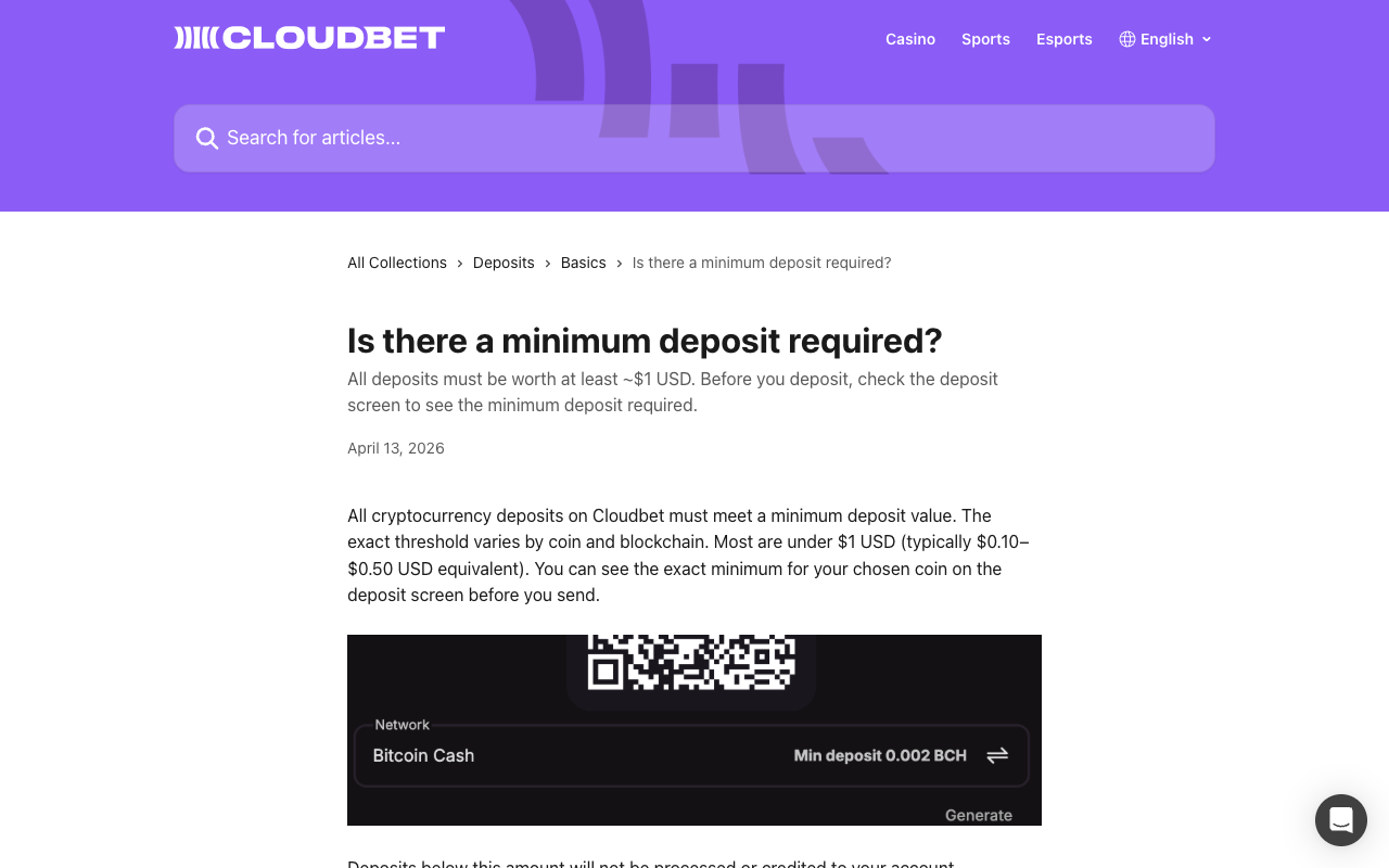 Screenshot of the Cloudbet help centre article titled Is there a minimum deposit required, stating that all deposits must be worth at least about $1 USD and that most coin minimums are typically $0.10 to $0.50 USD equivalent, visible on the deposit screen before you send