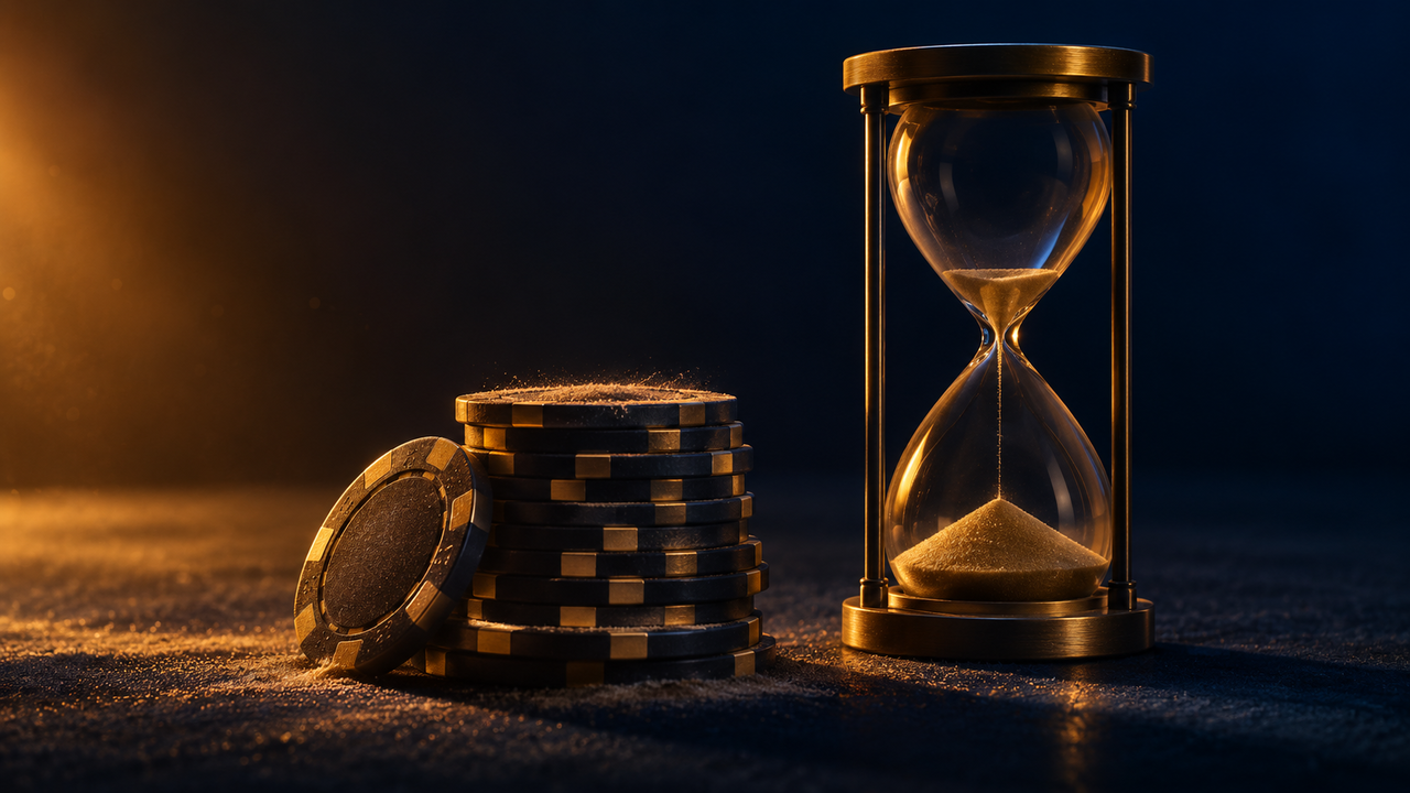 A stack of blank casino chips under a thin film of dust on dark navy felt, an hourglass standing beside them with most of its sand already fallen, lit by warm amber rimlight