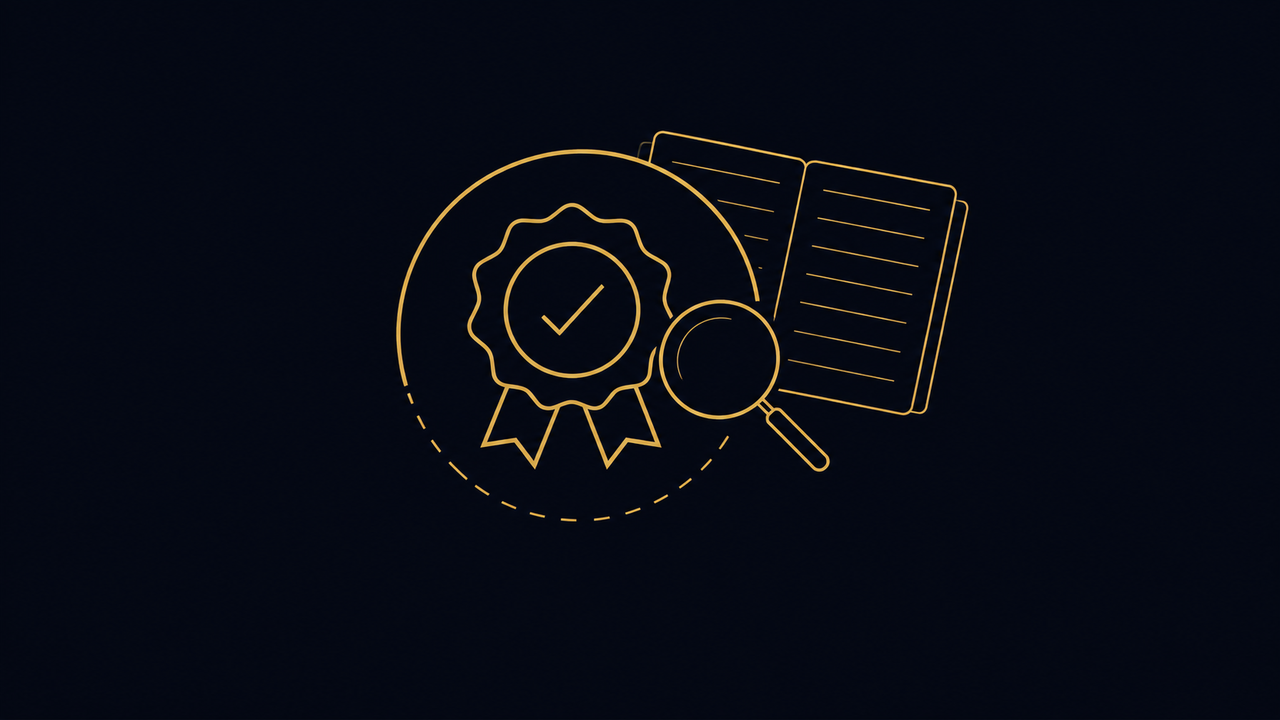 A large gold circular certification seal outline whose lower half dissolves into broken dashes, overlapped by a magnifier and set beside an open register page with blank ruled lines, on a deep navy background