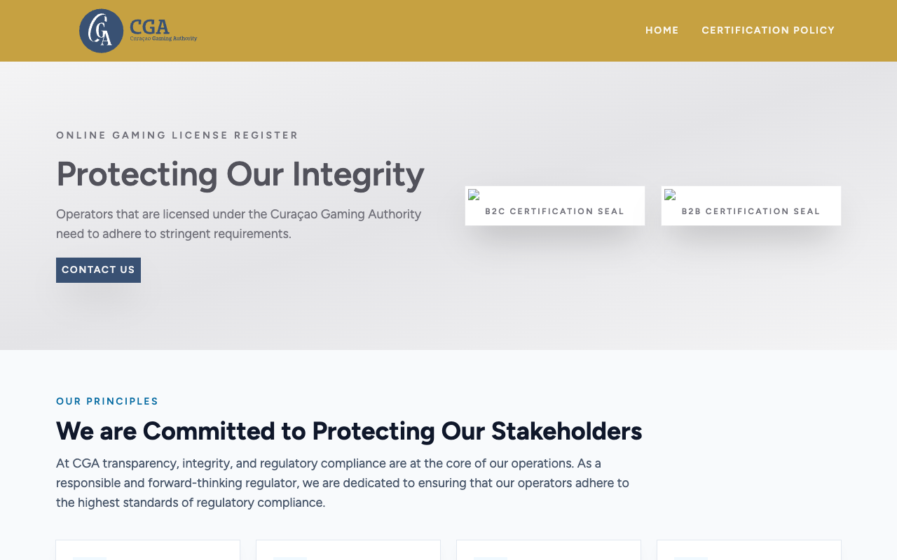 The Curacao Gaming Authority online gaming licence register landing page headed Protecting Our Integrity, stating that operators licensed under the Curacao Gaming Authority need to adhere to stringent requirements, with placeholders for the B2C and B2B certification seals