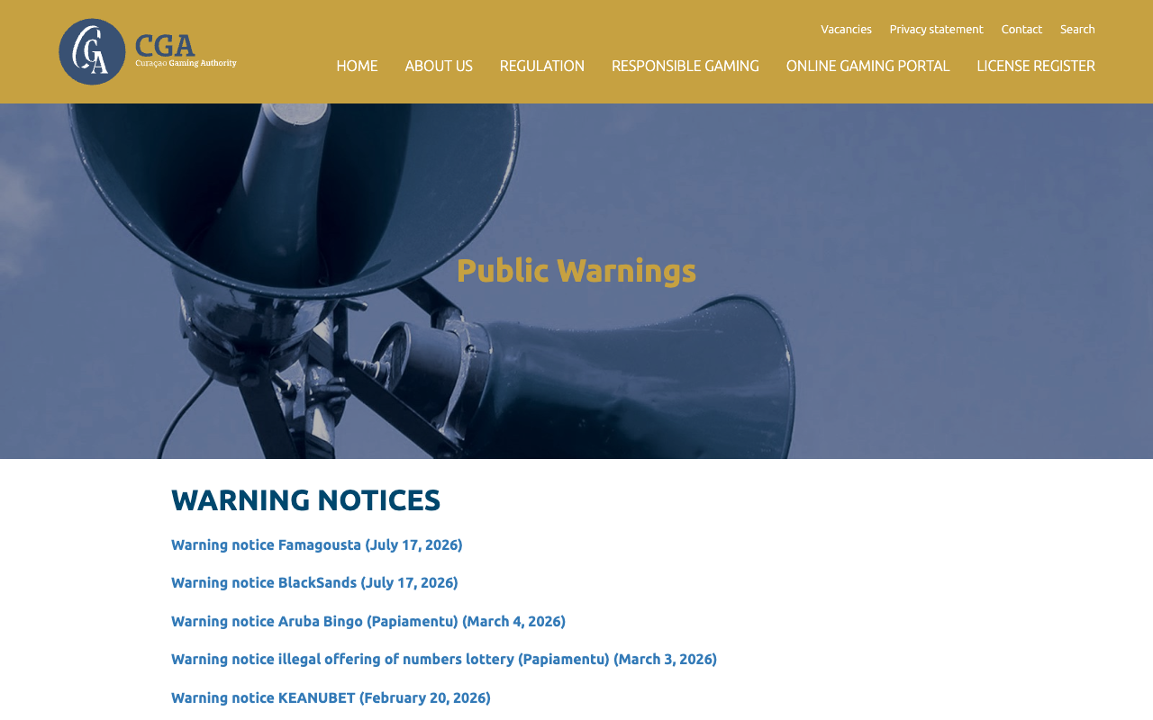 The Curacao Gaming Authority public warnings page listing warning notices for Famagousta and BlackSands both dated July 17 2026, Aruba Bingo dated March 4 2026, an illegal numbers lottery offering dated March 3 2026 and KEANUBET dated February 20 2026