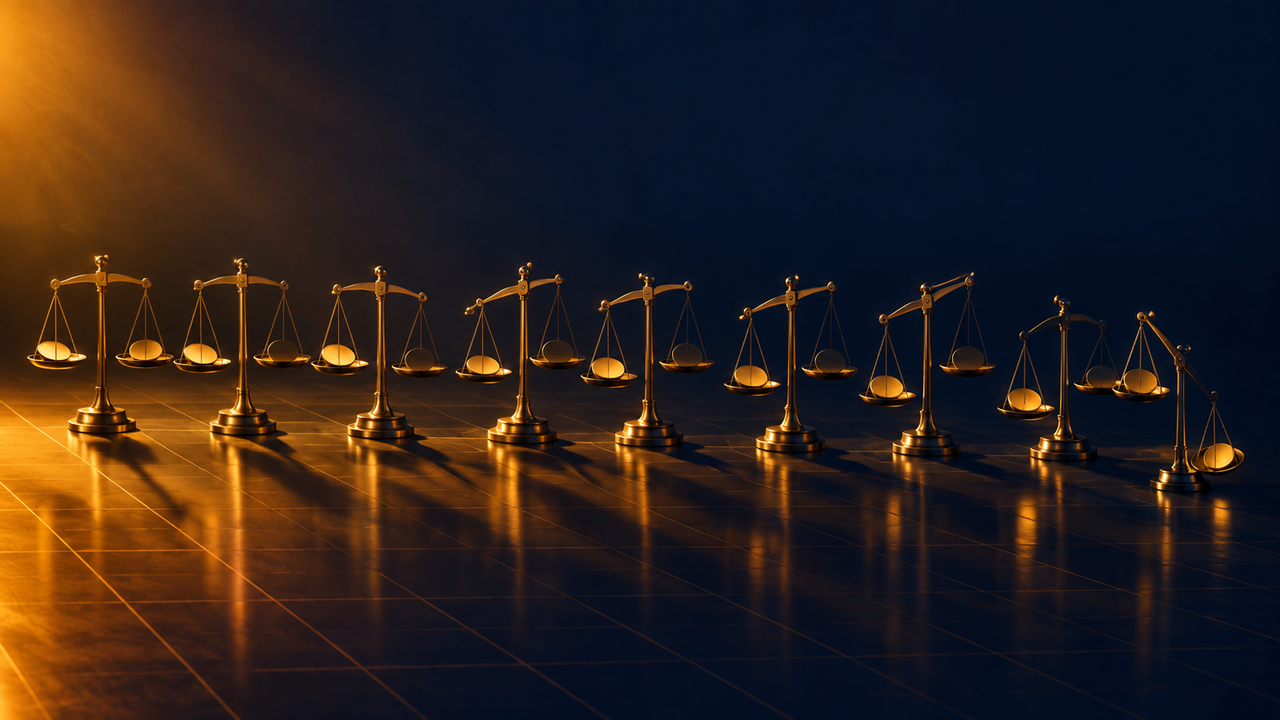 Nine identical brass balance scales in a row on a dark polished floor, each holding one identical smooth disc, yet every beam tips to a different angle, from almost level at the left to steeply collapsed at the right, lit by a single warm amber source