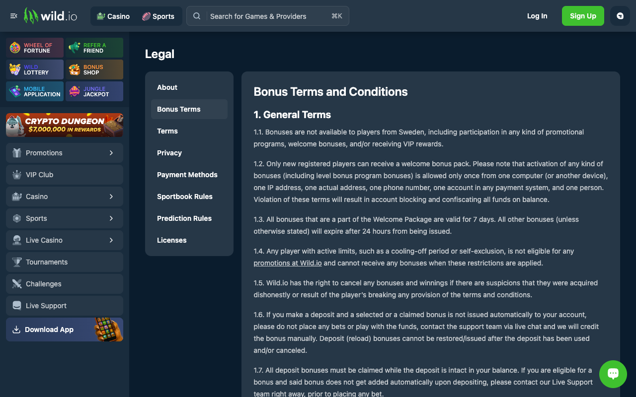 Screenshot of Wild.io's Legal section showing the Bonus Terms and Conditions document open at section 1, General Terms, with numbered clauses 1.1 through 1.7 visible and a sidebar listing Bonus Terms, Terms, Privacy, Payment Methods and Licenses