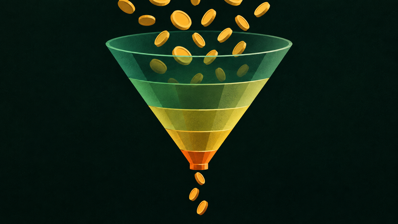 An abstract funnel of stacked translucent green and gold bands narrowing sharply to a small opening, with gold coin discs pouring into the wide top and only three falling out below it